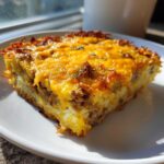 A golden, cheesy slice of breakfast casserole featuring eggs, sausage, and hash browns, served on a white plate.