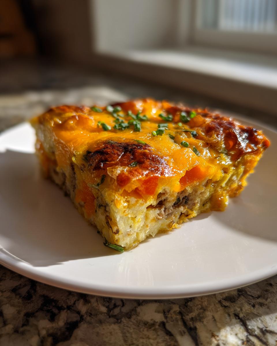 A golden slice of amazing 12-egg breakfast casserole topped with melted cheddar and chives.