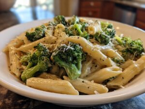 Close-up of creamy penne pasta mixed with bright green broccoli florets, sprinkled with Parmesan cheese, making delicious broccoli pasta.