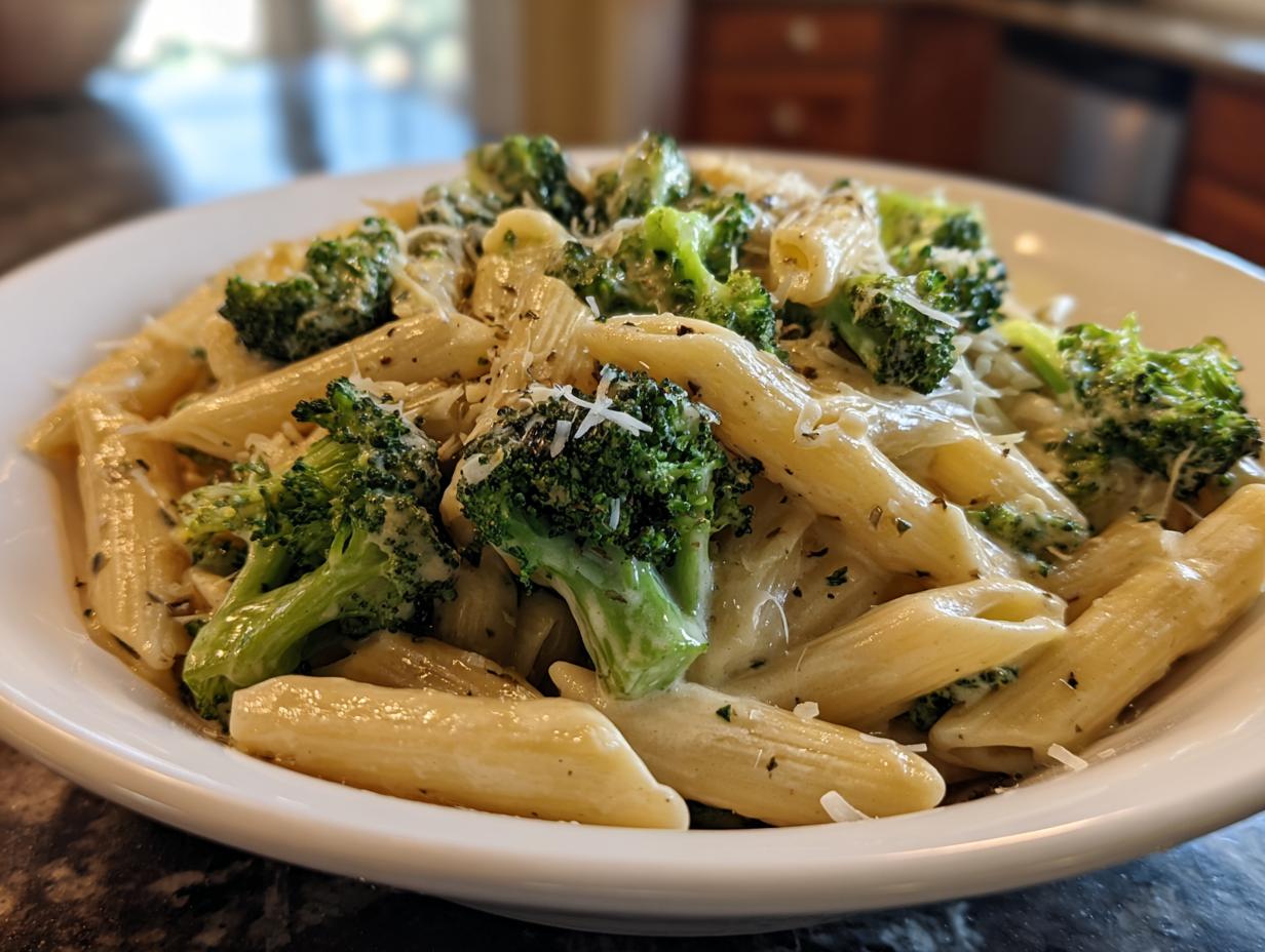 Close-up of creamy penne pasta mixed with bright green broccoli florets, sprinkled with Parmesan cheese, making delicious broccoli pasta.