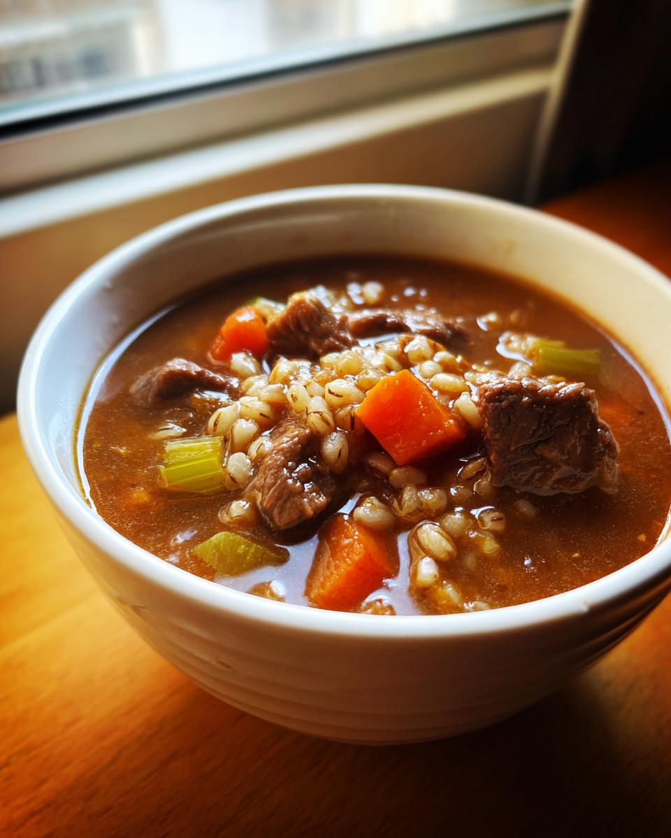 Close-up of a white bowl filled with rich beef barley soup, showing chunks of beef, carrots, celery, and plump barley grains.