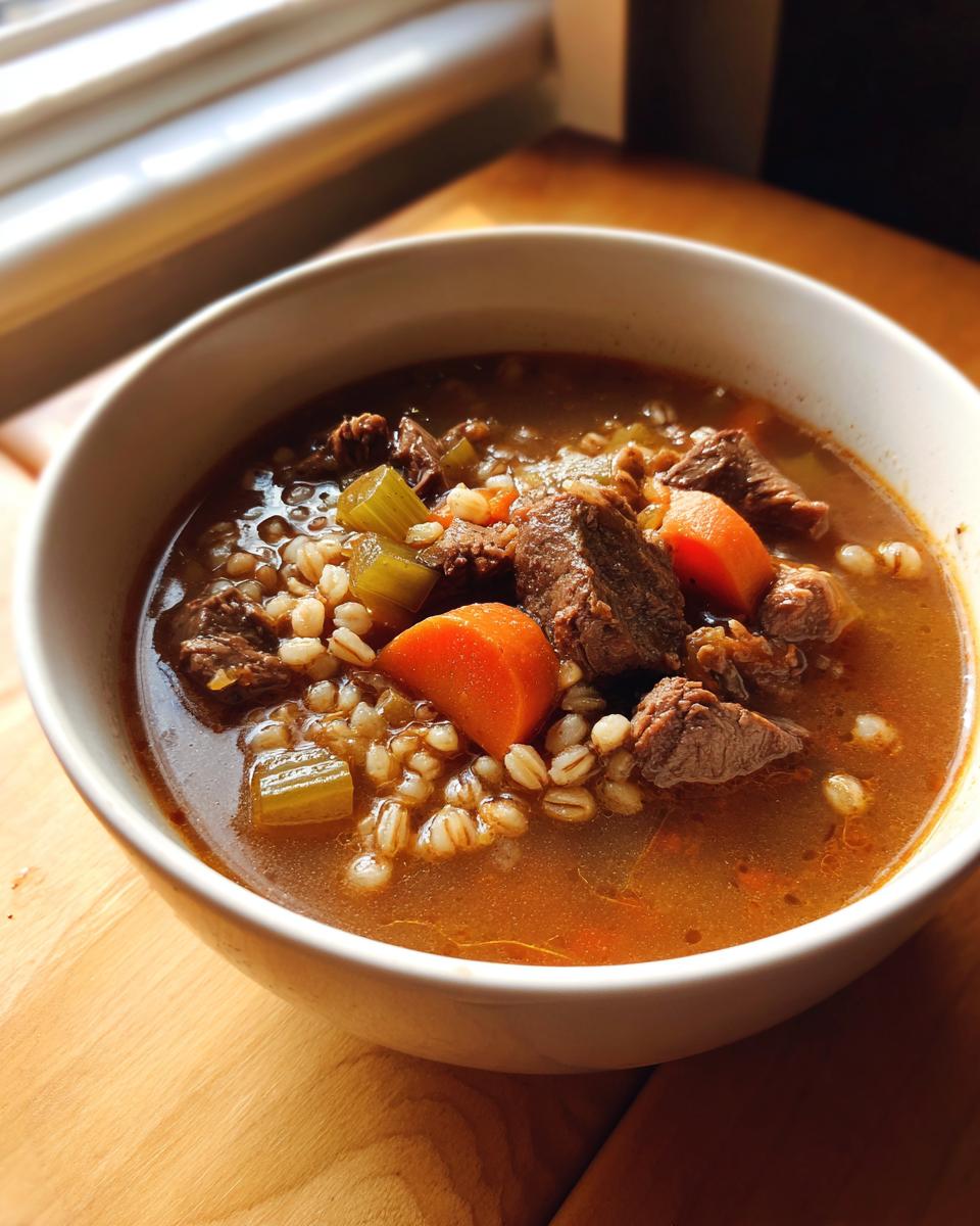 Close-up of a white bowl filled with rich beef barley soup, featuring chunks of beef, carrots, and celery.