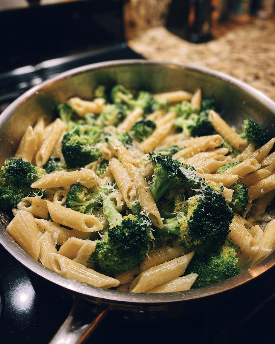 Close-up of penne pasta mixed with bright green broccoli florets, topped with grated cheese, ready to serve as broccoli pasta.