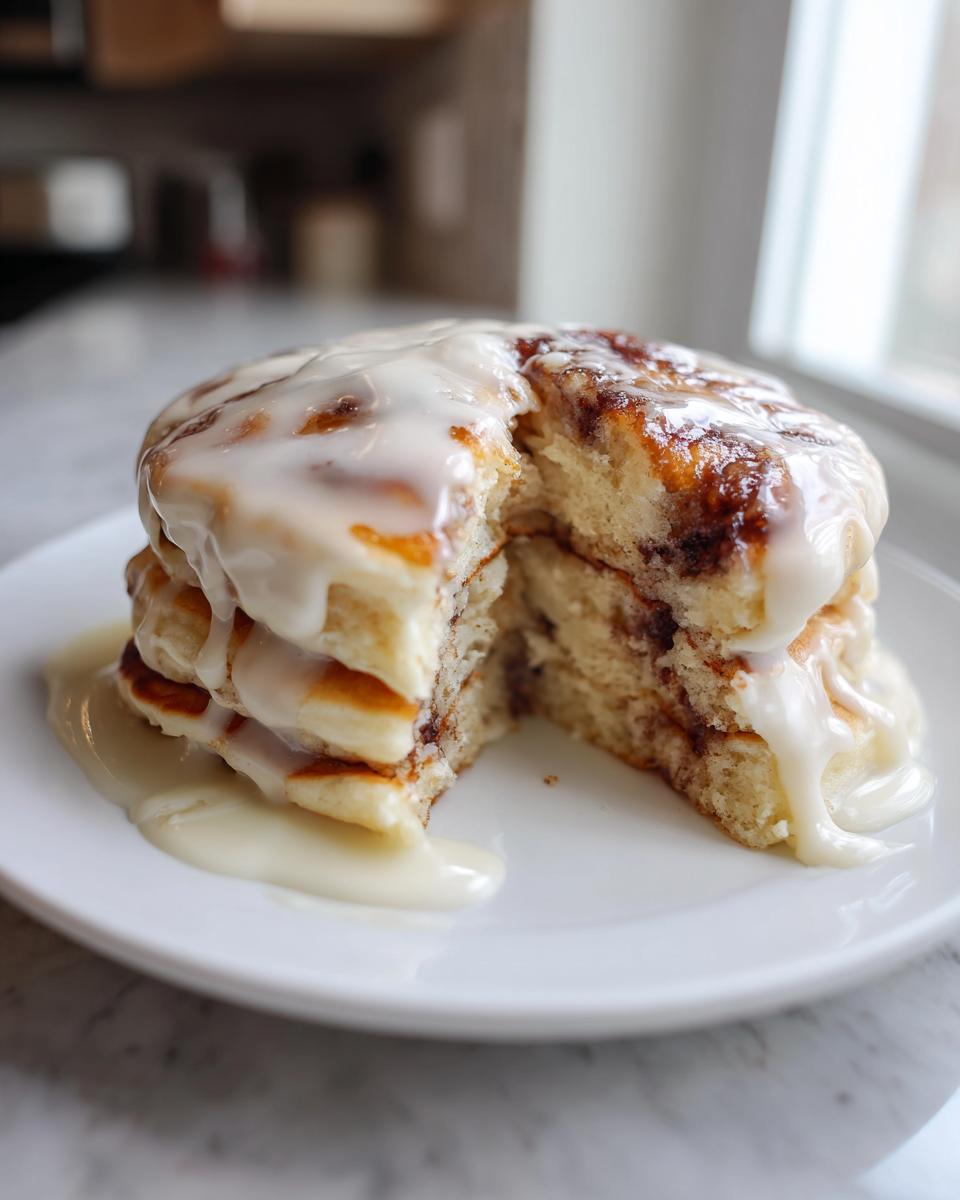 A tall stack of cinnamon roll pancakes cut open, generously covered in thick white icing.
