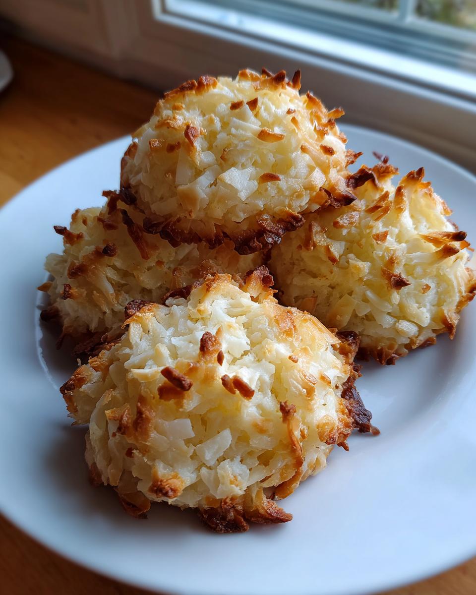 A close-up of four perfectly baked, golden-edged coconut cookies stacked on a white plate.