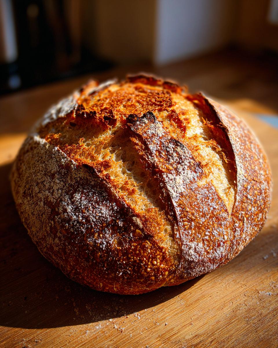 A beautifully scored, round loaf of crusty bread with a deep golden-brown, crackled exterior.