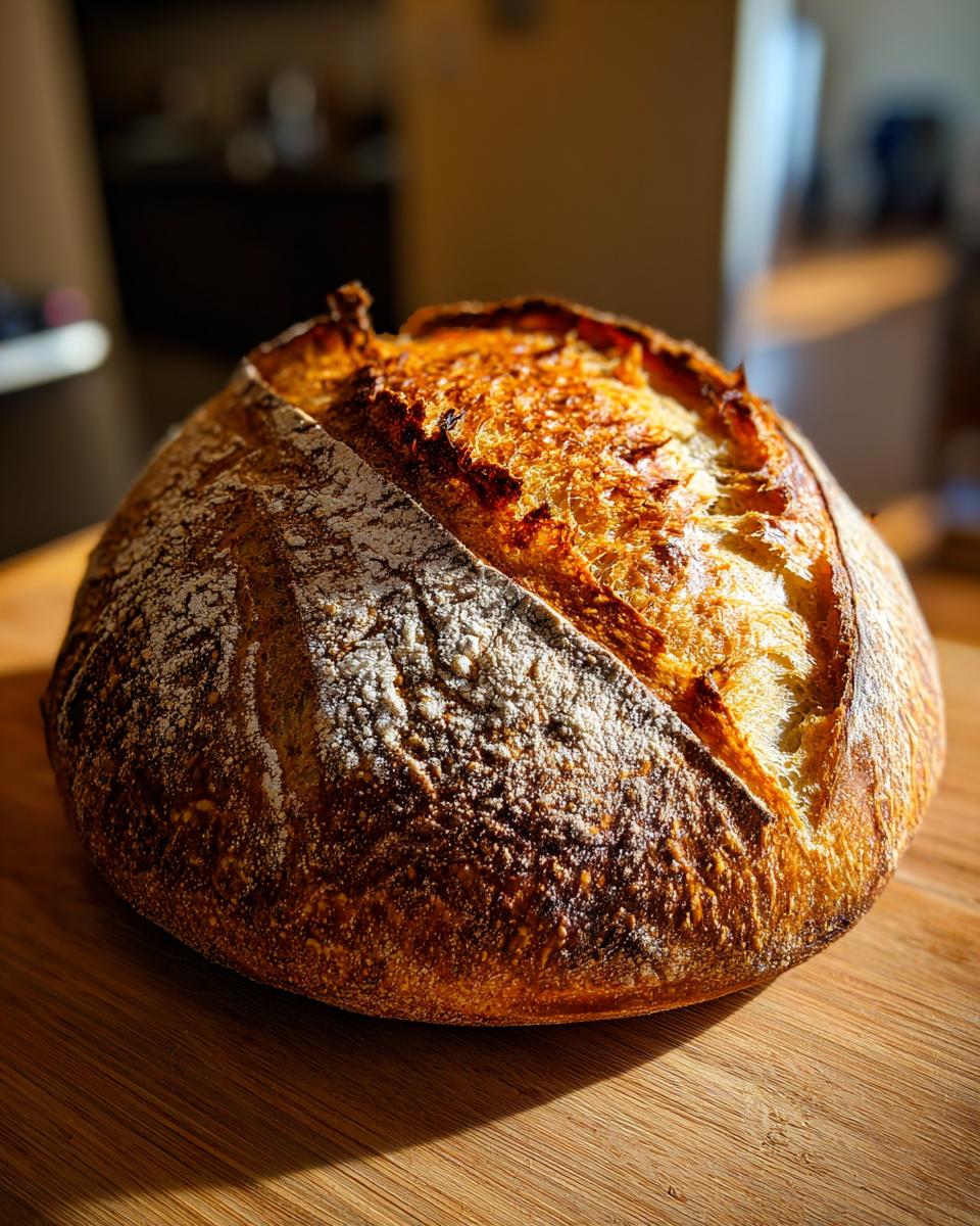 A beautifully baked, round loaf of crusty bread with a dark, crackled crust dusted with flour.