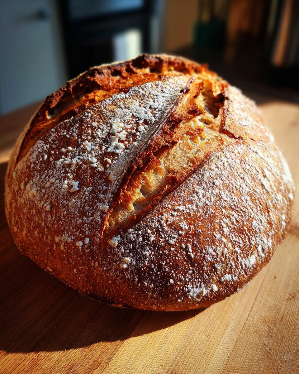 A golden brown, round loaf of crusty bread dusted with flour, resting on a wooden cutting board.