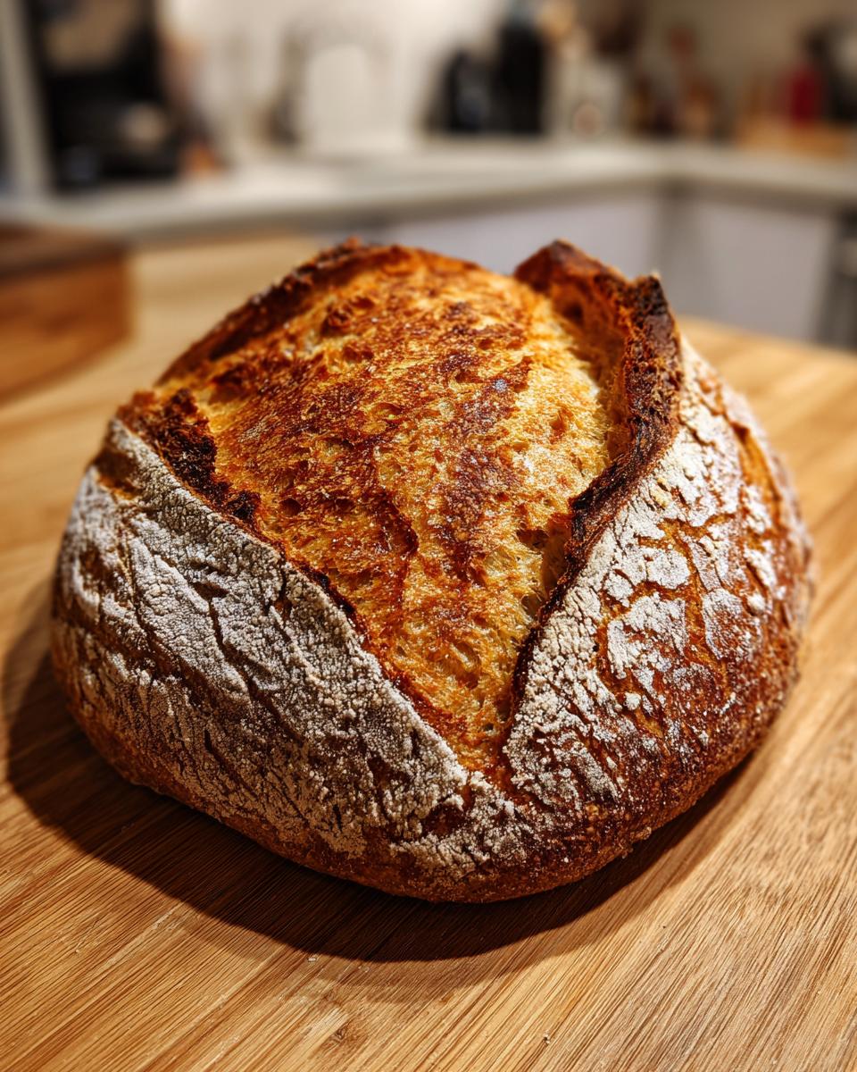 A beautiful, round loaf of homemade crusty bread with a deeply browned, scored top resting on a wooden cutting board.