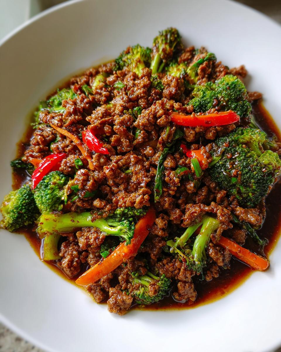 Close-up of a savory ground beef stir fry mixed with bright green broccoli florets and red pepper slices.