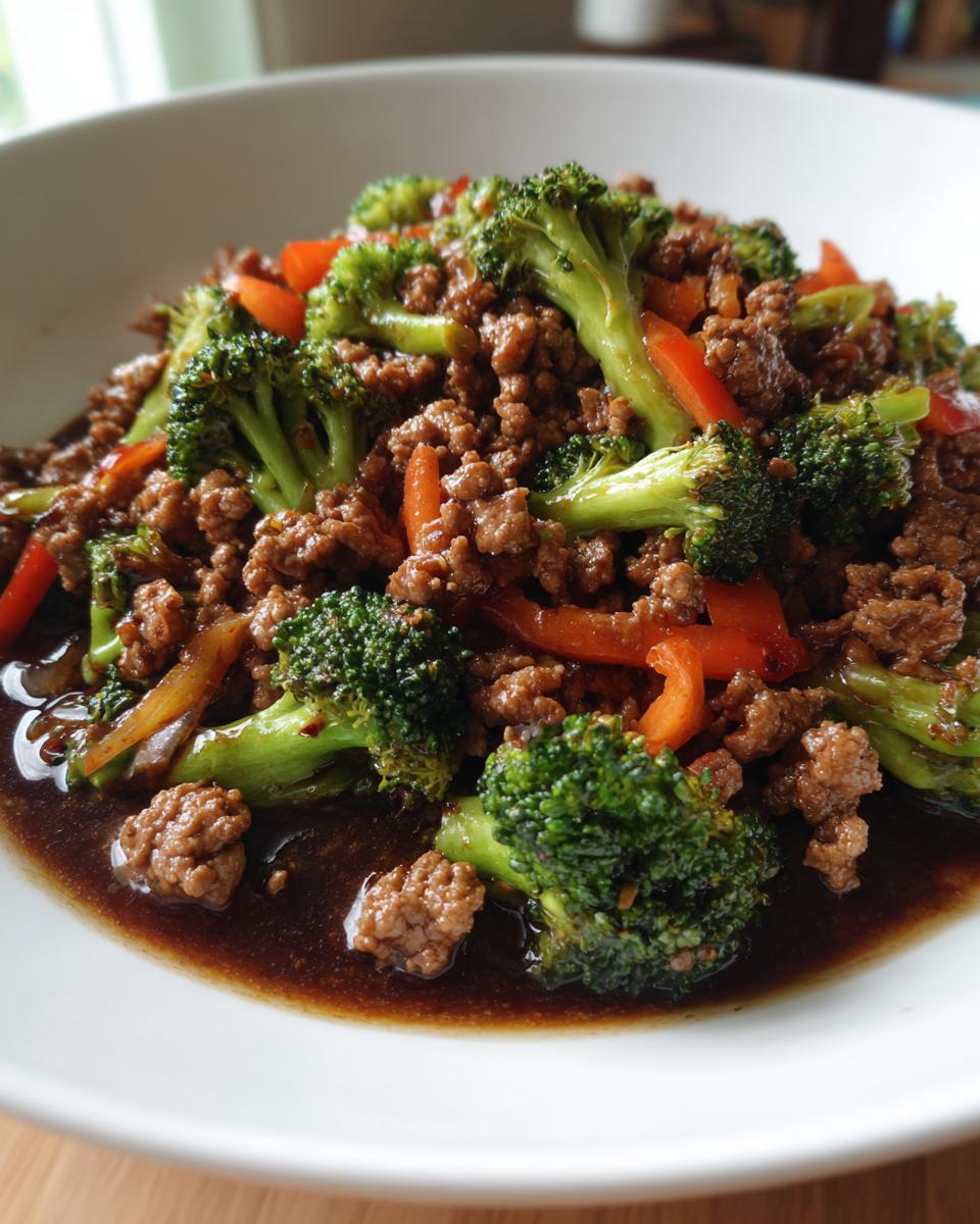 A close-up of amazing ground beef stir fry mixed with bright green broccoli florets and red pepper strips in a dark sauce.