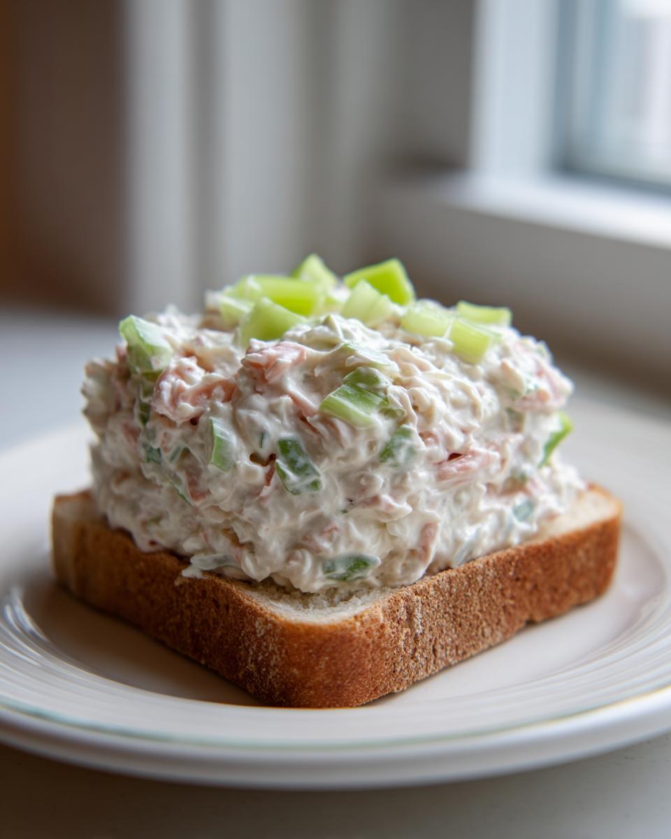 A generous scoop of creamy ham salad topped with diced celery served open-faced on a slice of wheat bread.