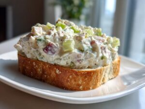A generous scoop of creamy ham salad with visible celery and ham chunks served open-faced on a thick slice of toasted bread.