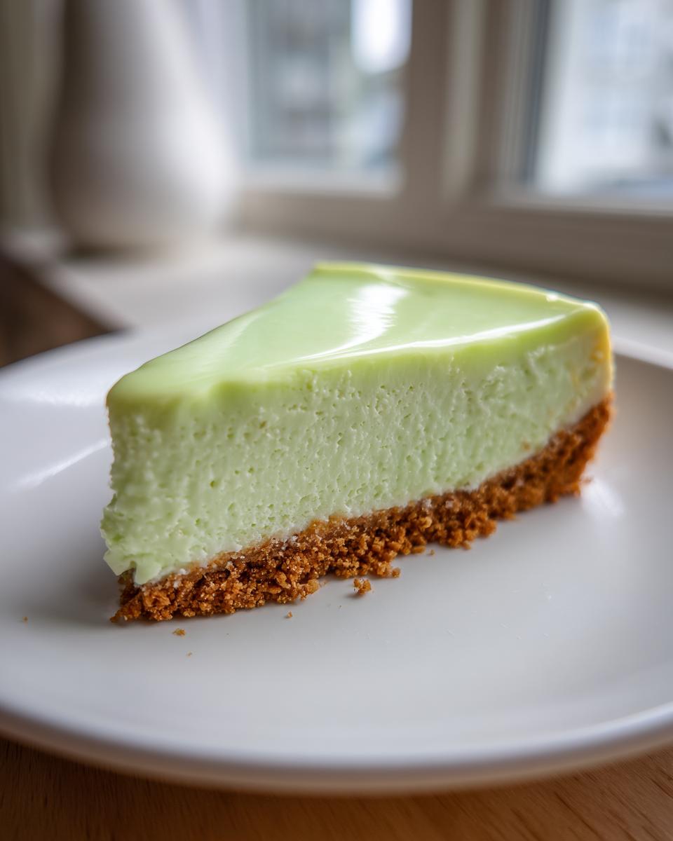 A perfect slice of key lime cheesecake with a bright green filling and graham cracker crust on a white plate.