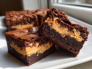 Close-up of two rich, fudgy peanut butter stuffed brownies showing the thick peanut butter layer inside.
