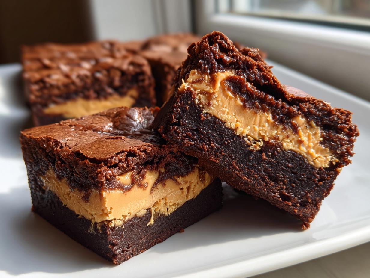 Close-up of two rich, fudgy peanut butter stuffed brownies showing the thick peanut butter layer inside.