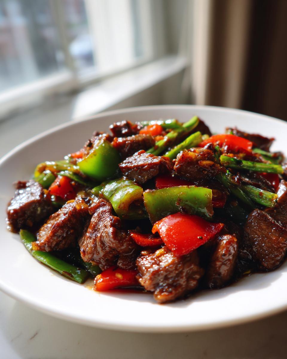 A close-up shot of tender beef cubes stir-fried with vibrant red and green peppers in a savory sauce, showcasing the finished pepper steak.