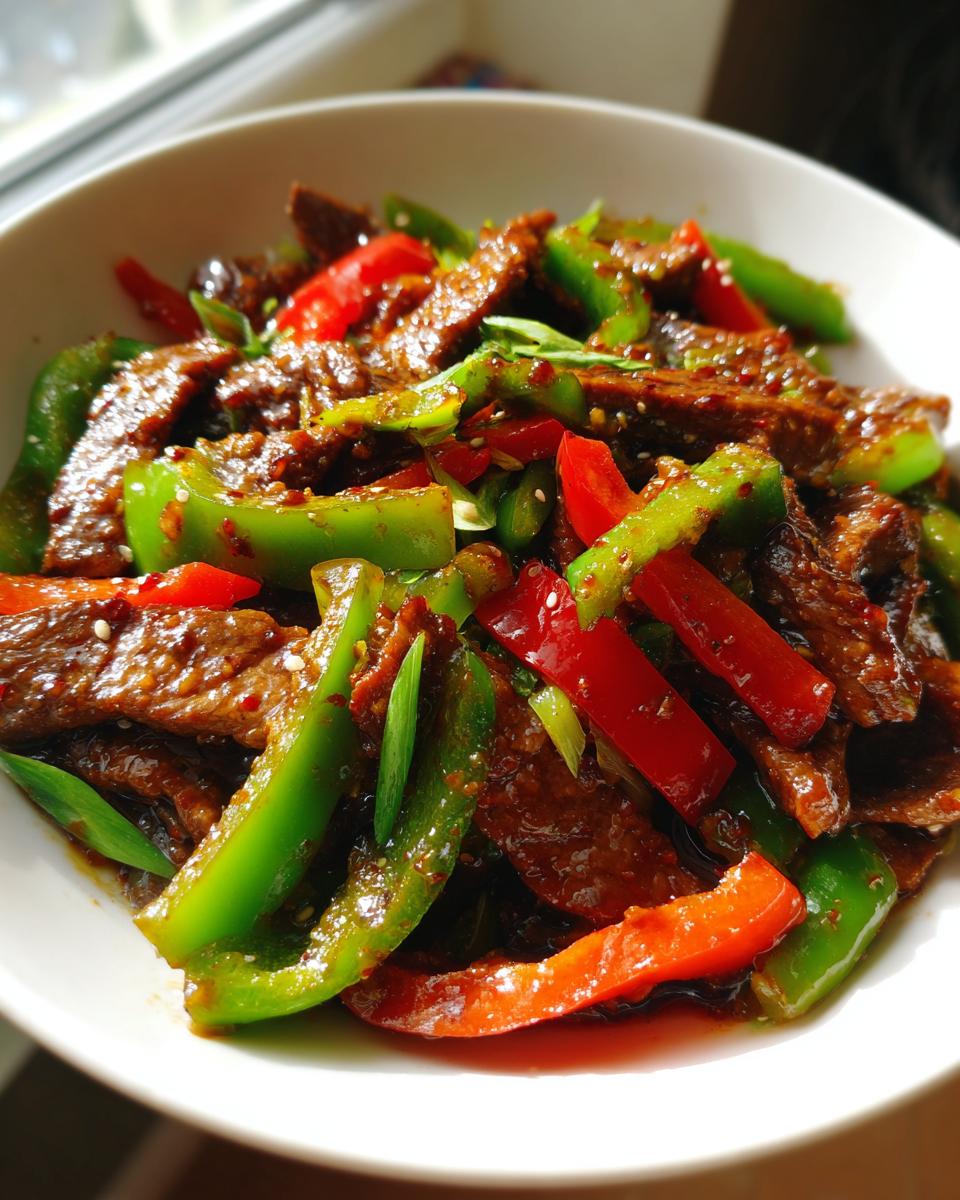 Close-up of glossy, saucy pepper steak strips mixed with bright green and red bell peppers.
