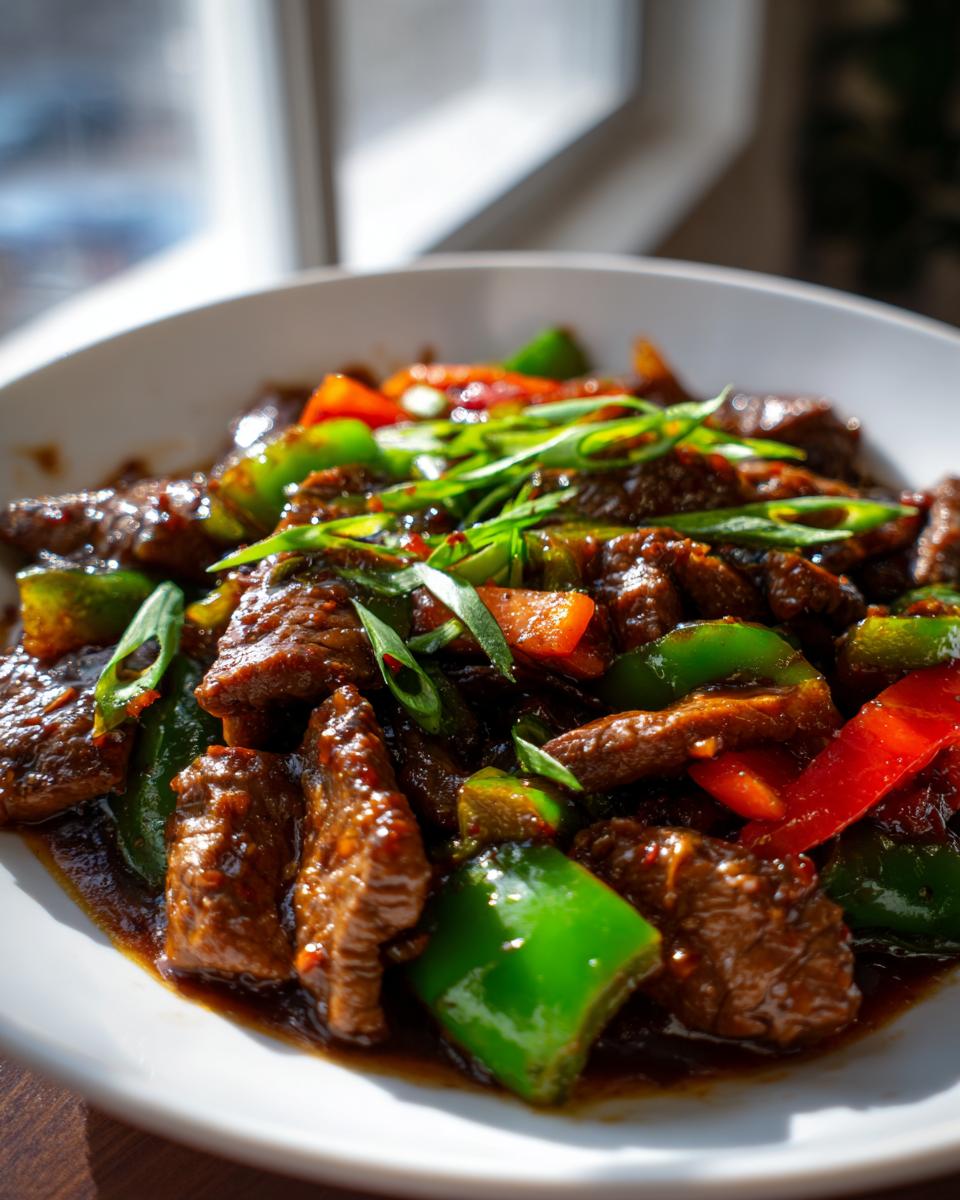 Close-up of glossy, stir-fried pepper steak pieces mixed with vibrant green and red bell peppers, garnished with scallions.