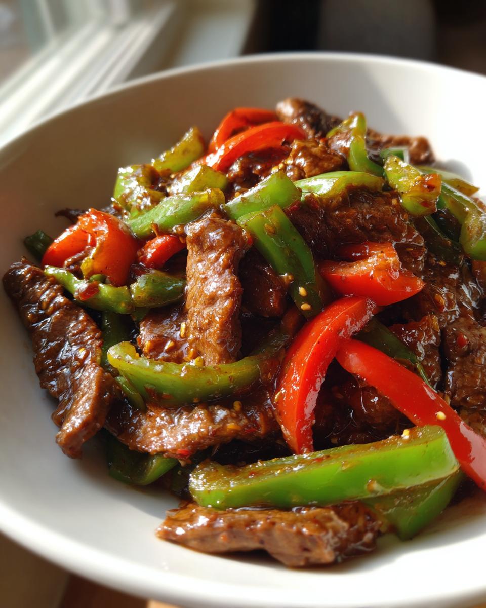 Close-up of savory pepper steak featuring strips of beef coated in a dark sauce with bright red and green bell peppers.