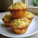 A stack of three golden brown amazing pistachio muffins topped with sugar and chopped pistachios on a white plate.