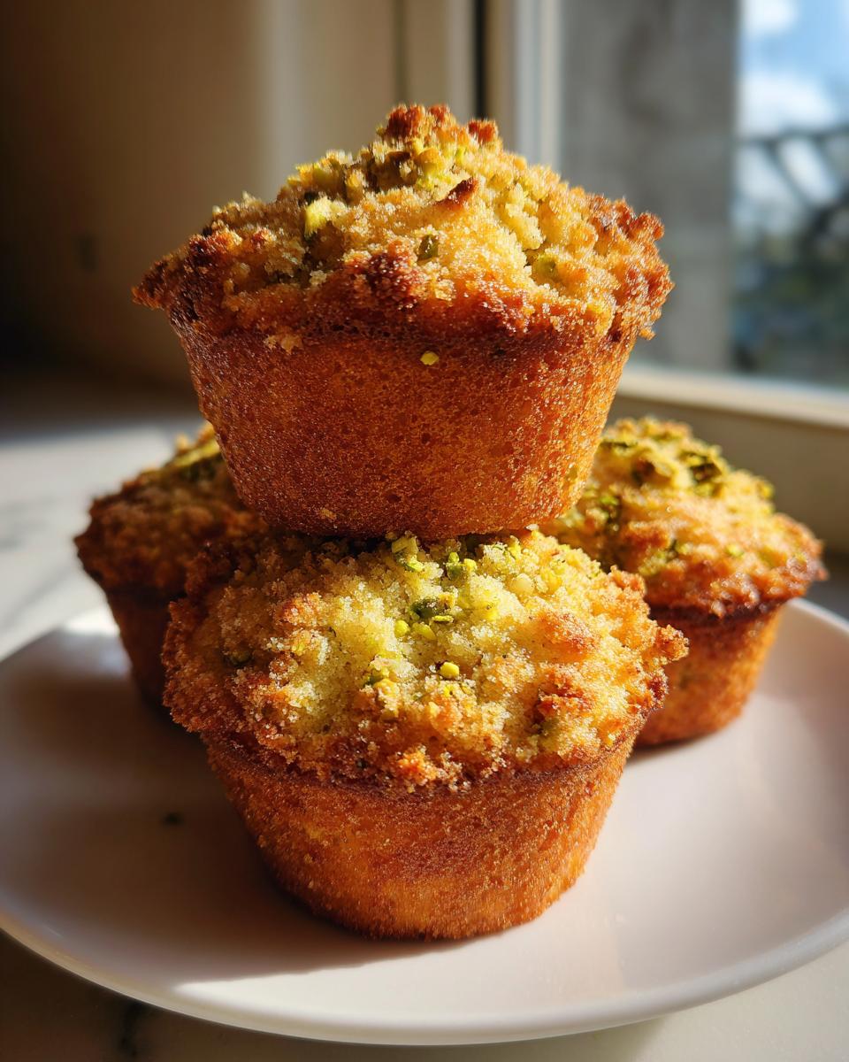 A stack of three golden brown pistachio muffins topped with a crunchy streusel and green chopped nuts.