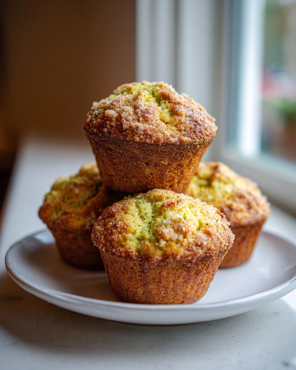 A stack of four golden-brown pistachio muffins topped with a sugary crumb, sitting on a white plate.