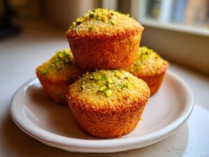A stack of three golden brown pistachio muffins topped with coarse sugar and chopped pistachios on a white plate.