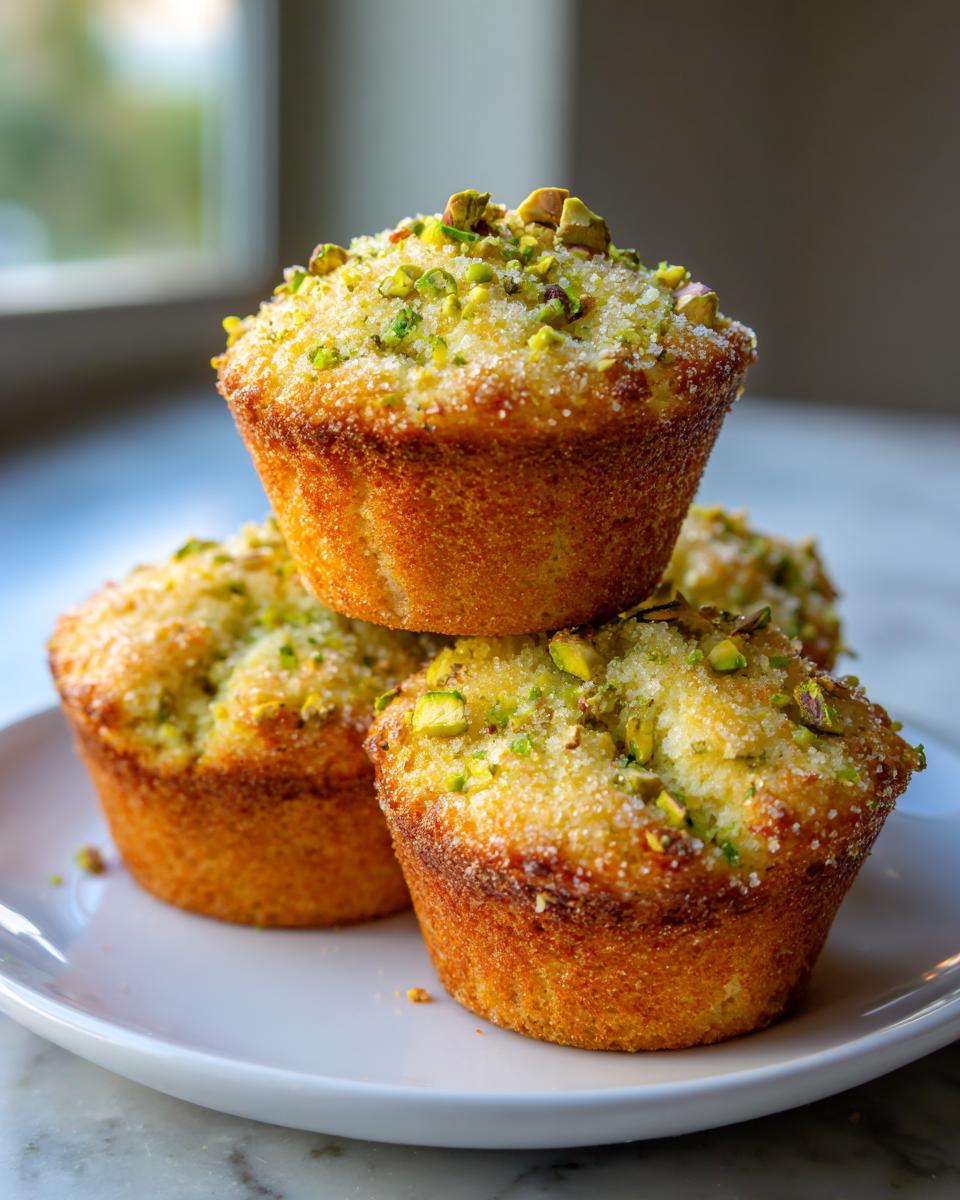 A stack of three golden-brown pistachio muffins topped with coarse sugar and chopped pistachios.