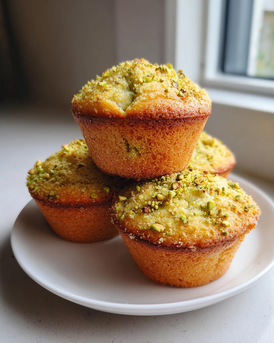 A stack of three golden-brown pistachio muffins topped with chopped pistachios on a white plate.