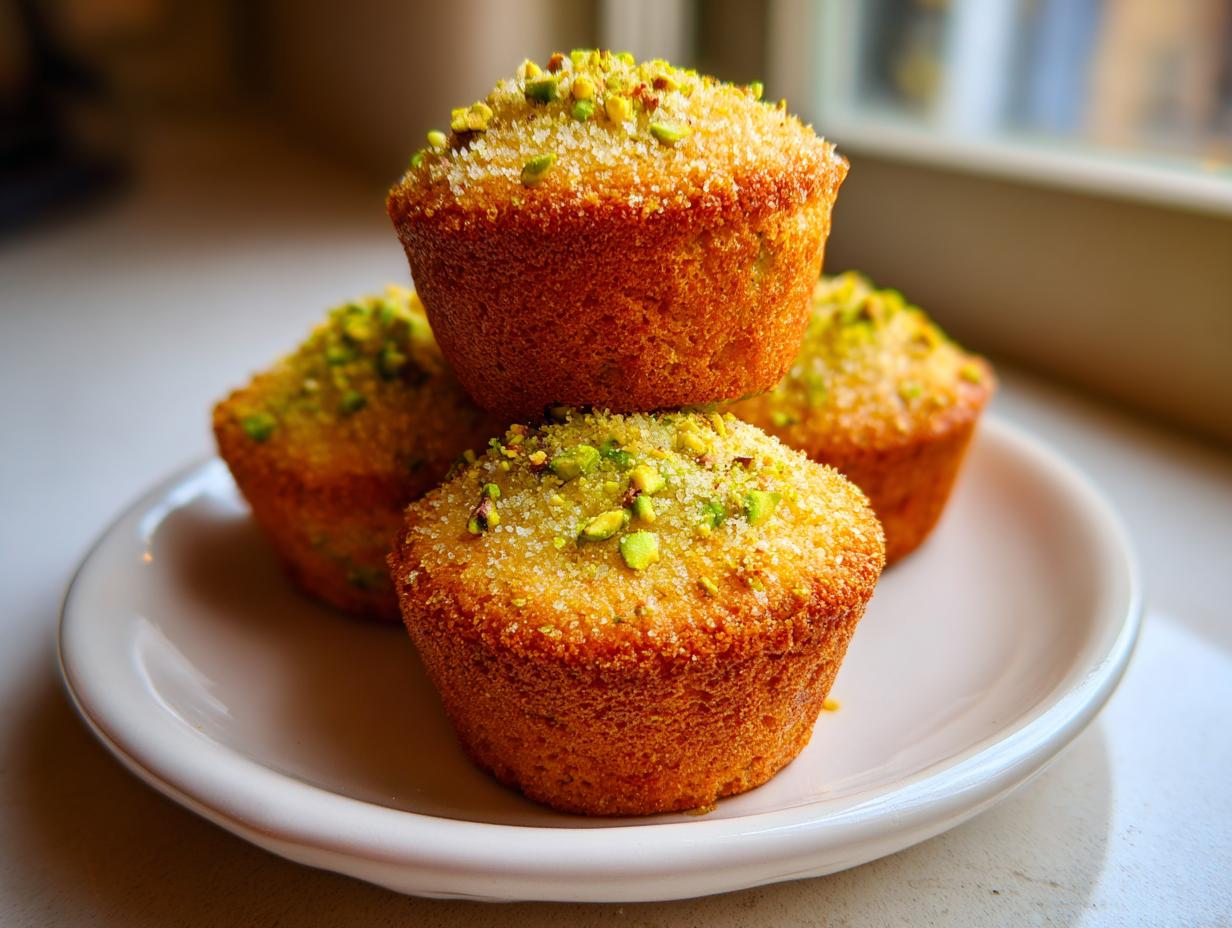 A stack of three golden brown pistachio muffins topped with coarse sugar and chopped pistachios on a white plate.
