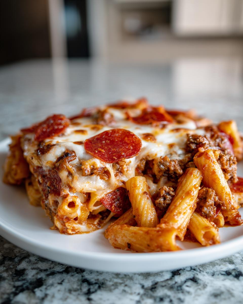 A close-up of a serving of amazing pizza pasta bake topped with melted cheese and pepperoni slices.