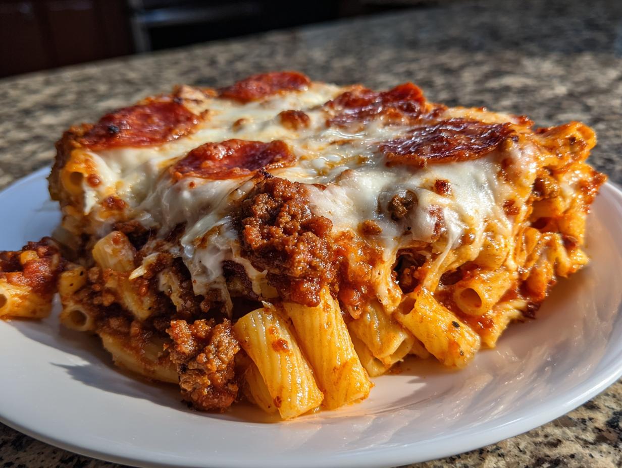 A hearty serving of pizza pasta bake featuring rigatoni, meat sauce, melted mozzarella, and pepperoni slices.