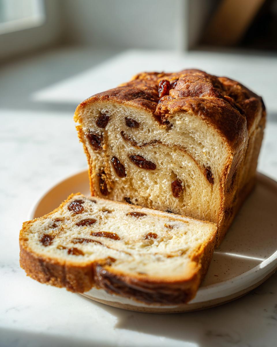 A loaf of homemade raisin bread with one thick slice cut and resting in front, showcasing the sweet raisins.