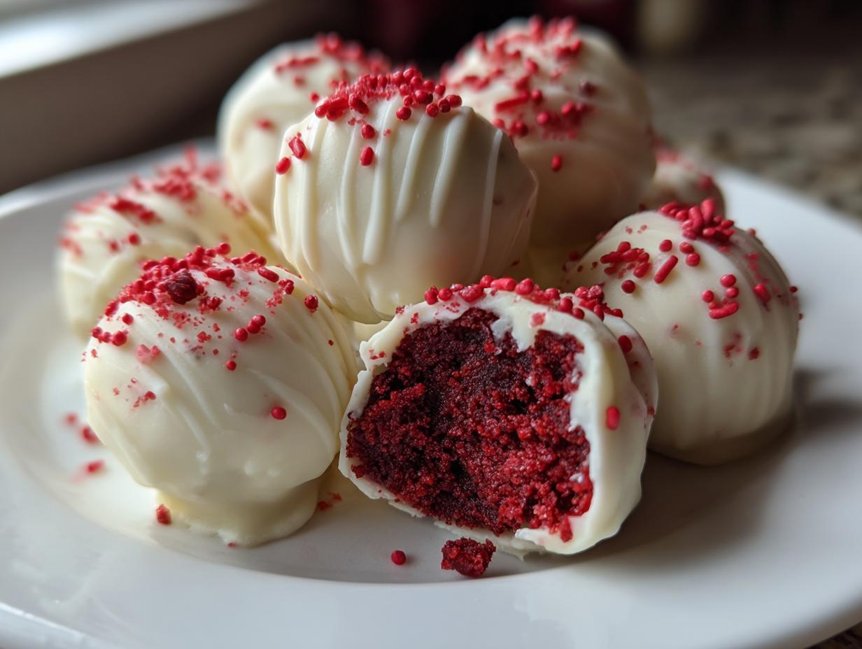 Close-up of several red velvet cake balls dipped in white chocolate and topped with red sprinkles, one is cut open.