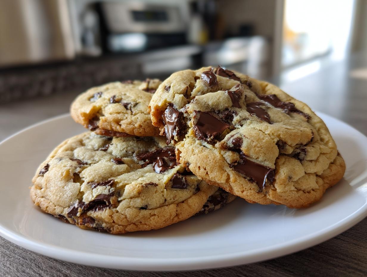 A stack of three thick, chewy scoopable cookies loaded with melted chocolate chunks, resting on a white plate.