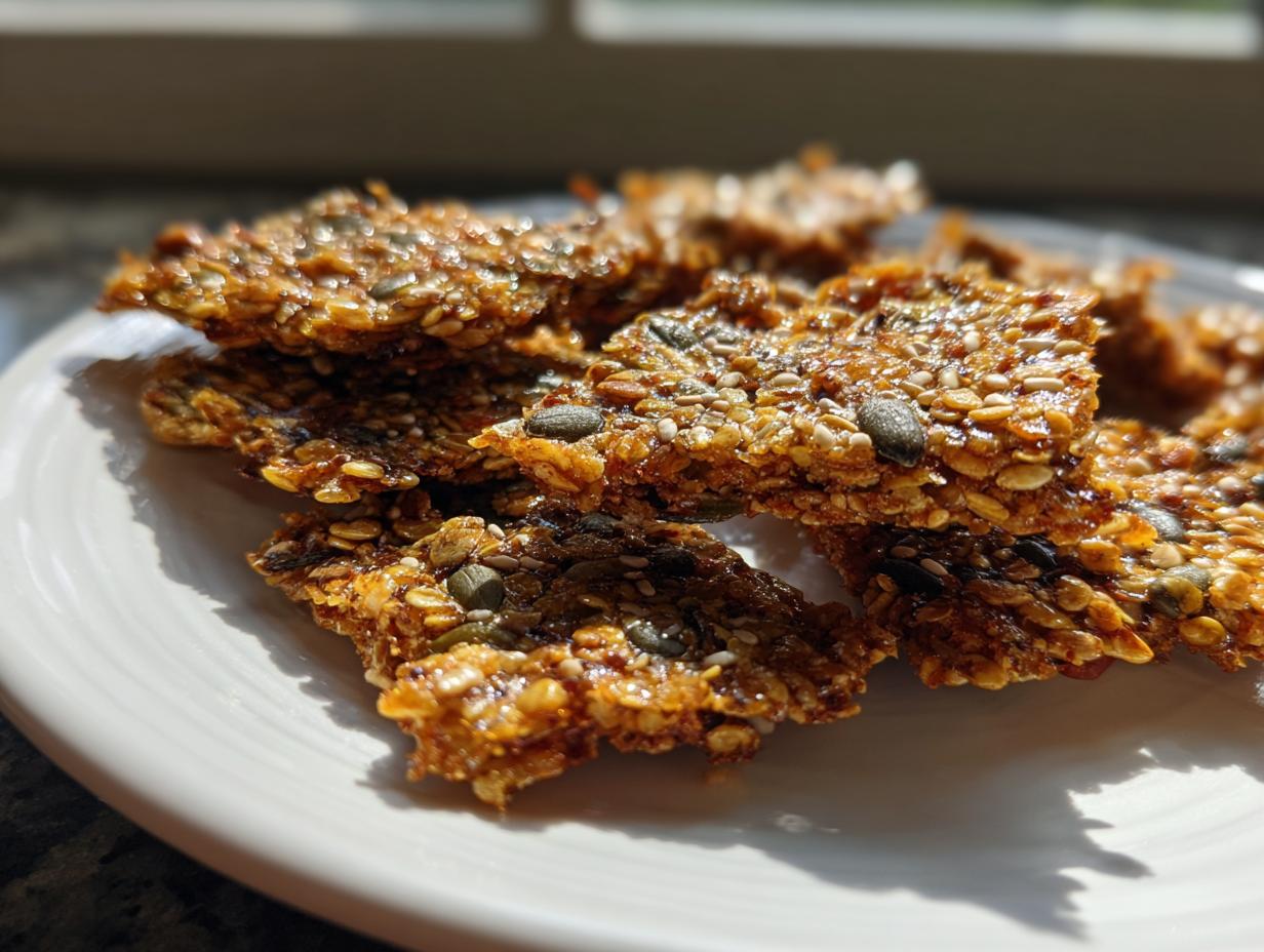 Close-up of golden, caramelized seed brittle pieces loaded with sesame and pumpkin seeds, stacked on a white plate.