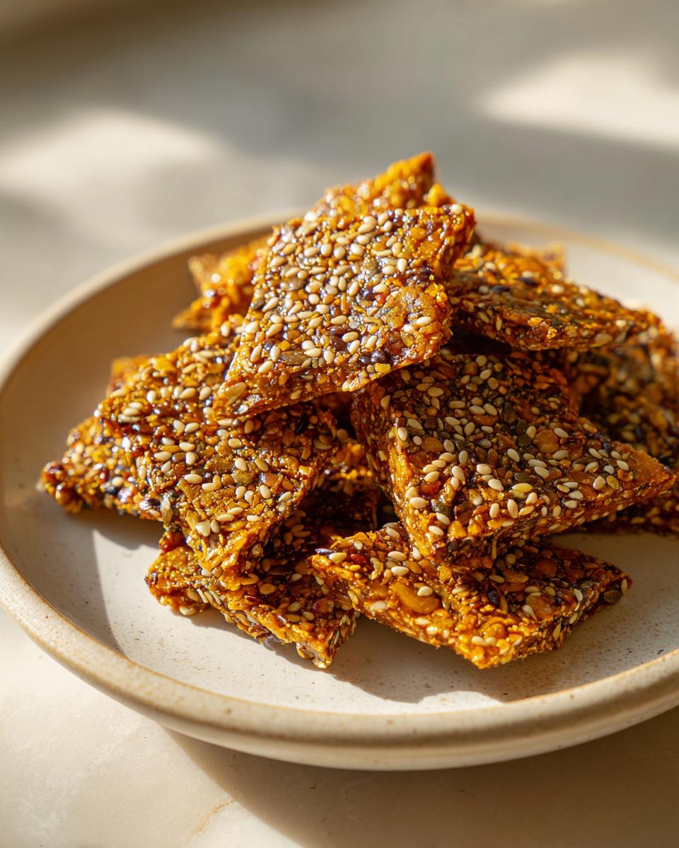 Close-up of broken pieces of golden, glossy seed brittle piled on a light ceramic plate.