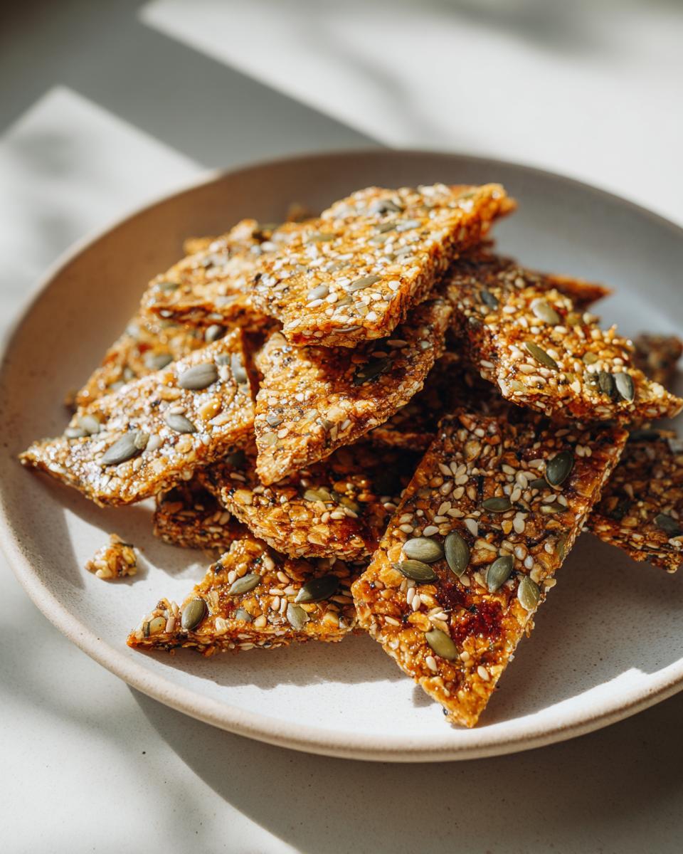 A pile of freshly made, golden-brown seed brittle pieces, rich with sesame and pumpkin seeds, served on a light ceramic plate.