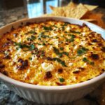 Close-up of a baked street corn dip, golden brown and bubbly with visible corn kernels and white cheese, topped with fresh cilantro.