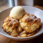 Close-up of a warm apple cobbler recipe serving topped with vanilla ice cream and powdered sugar.