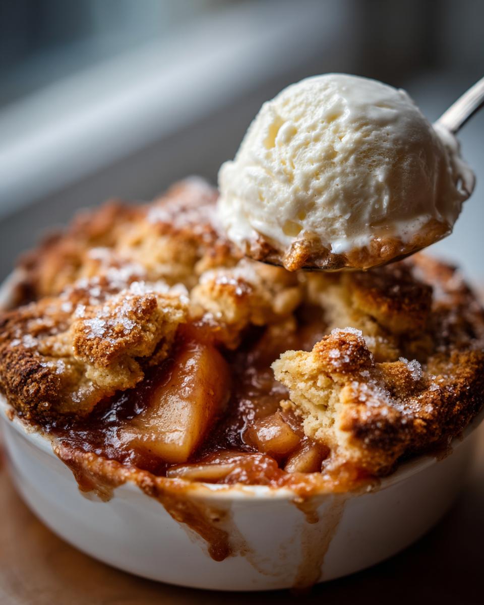 Close-up of a scoop of vanilla ice cream being placed on a warm, bubbling apple cobbler recipe.