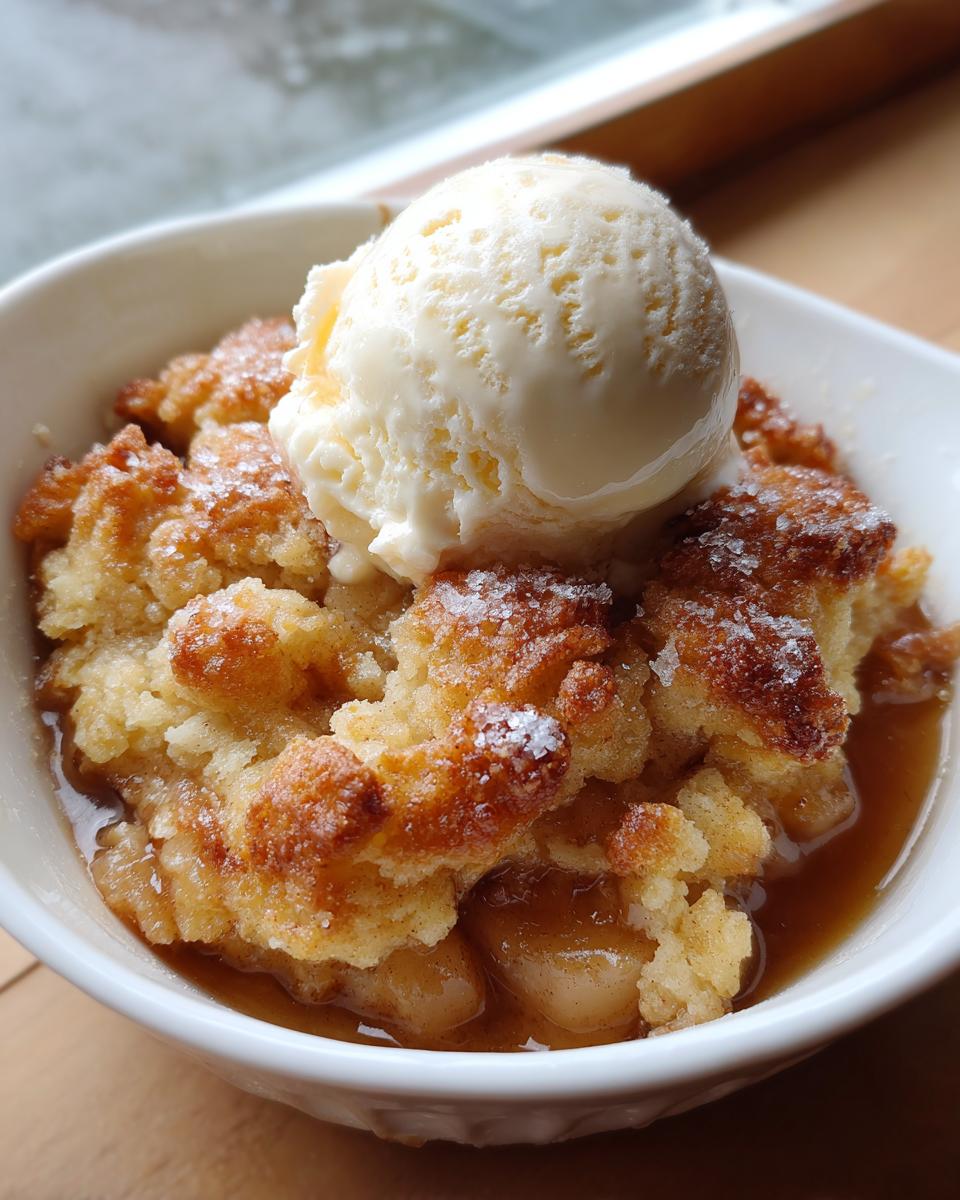 Close-up of a warm serving of apple cobbler recipe topped with a scoop of melting vanilla ice cream.