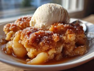Close-up of a warm serving of apple cobbler recipe topped with a scoop of vanilla ice cream and coarse sugar.