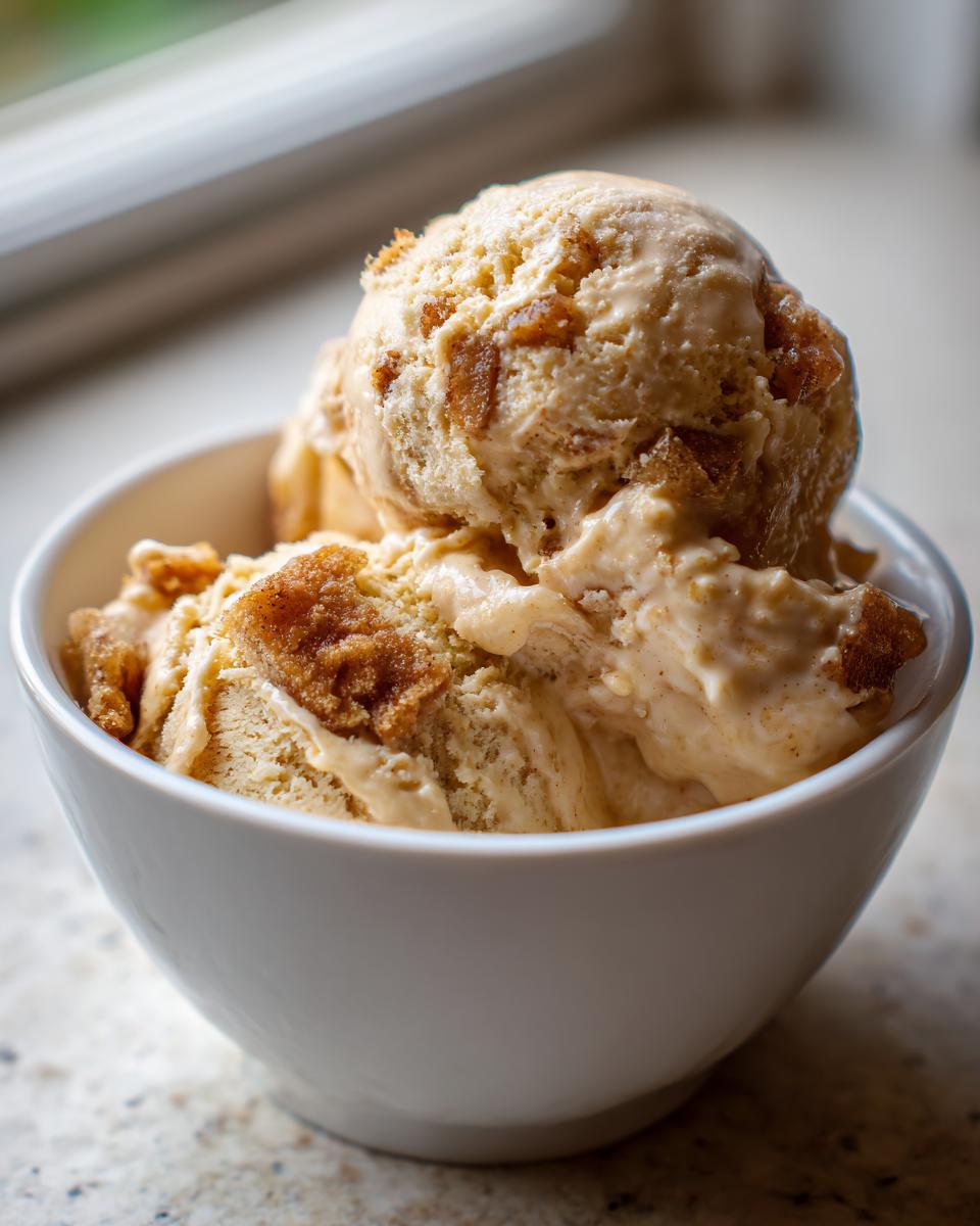 Two scoops of creamy apple pie ice cream studded with brown pie crust pieces served in a white bowl.
