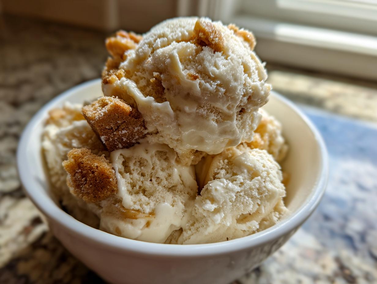 Close-up of scoops of creamy apple pie ice cream topped with brown sugar crumble pieces in a white bowl.