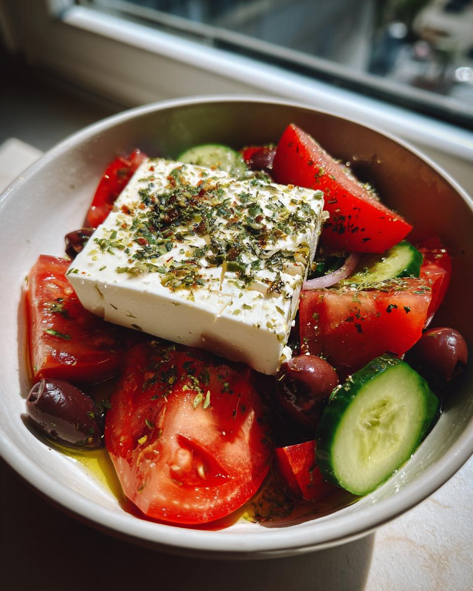 A vibrant close-up of a traditional greek salad featuring a large block of feta cheese topped with herbs, tomatoes, cucumbers, and Kalamata olives.