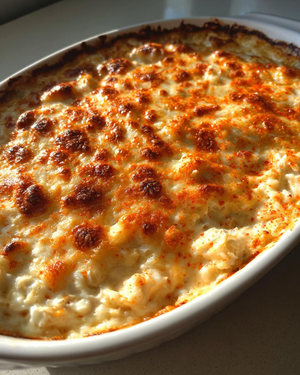 Close-up of a creamy, baked crab dip recipe with a bubbly, golden-brown, cheesy top sprinkled with paprika.