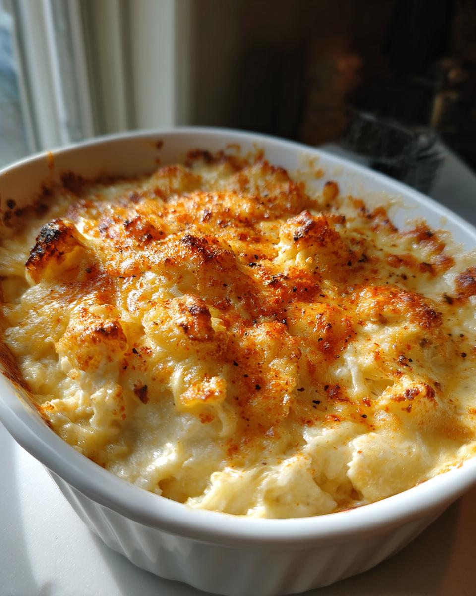 A close-up of a hot, bubbly crab dip recipe baked in a white dish with a golden, cheesy crust.