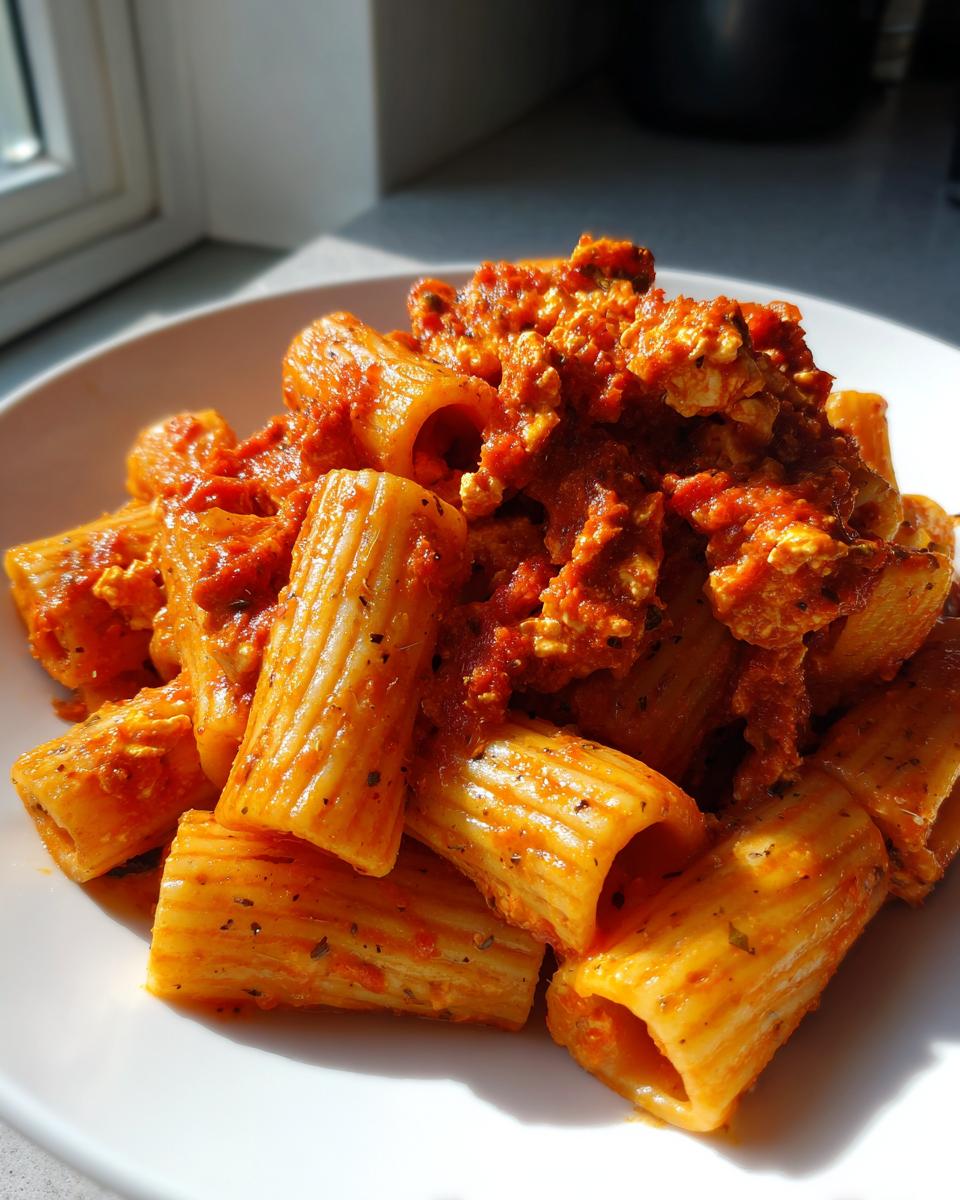 Close-up of rigatoni pasta coated in a creamy tomato sauce with chunks of melted feta, ready to eat baked feta pasta.